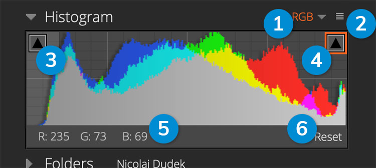 Exposure user interface. Expanded Histogram panel. Color image selected