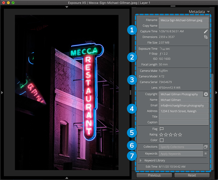 photo metadata panel